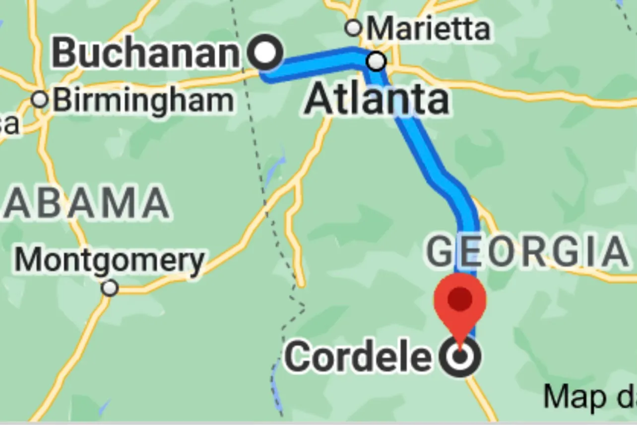 Map showing the strange and likely unintentional (maybe, who knows, right?) destination of Candace Mossler from where she was supposed to be, in Buchanan, Georgia.