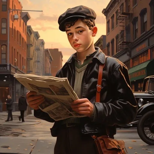 AI generated image depicting a young Jacques Mossler peddling newspapers on the streets of Chicago.