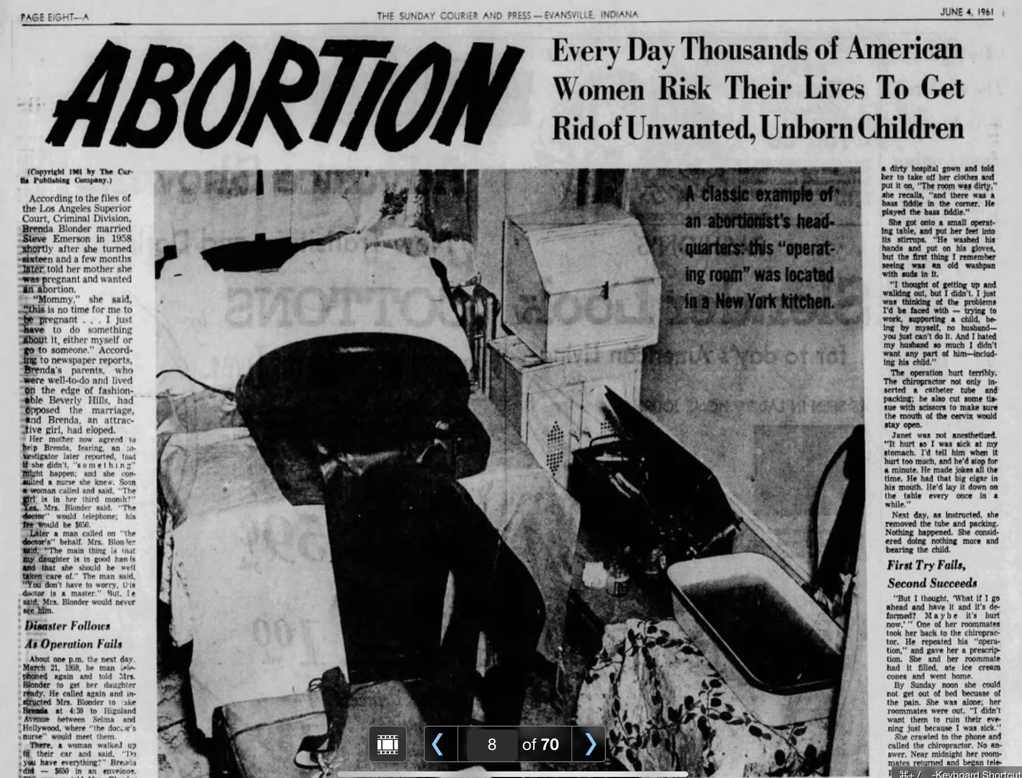 From a series on Abortion by The Saturday Evening Post. Photo shows “a classic example of an abortionist’s headquarters… this “operating room was located in a New York kitchen.”