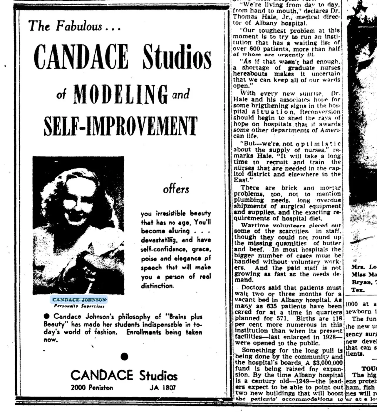 1947 Advertisement in The Times Picayune, advertising Candcace Studios of Modeling and Self Improvement